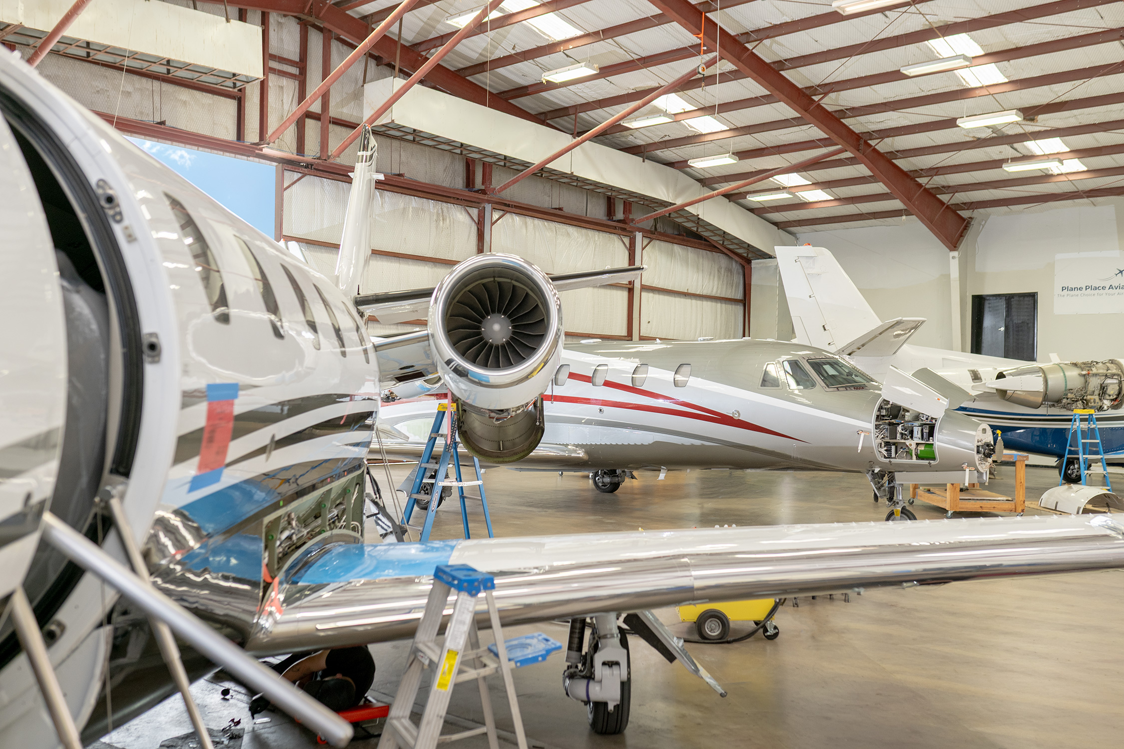 Citation interior structural work in Plane Place Aviation hangar